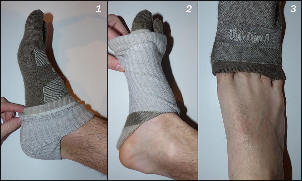 Image montrant comment enlever les chaussettes à 5 doigts en partantdu haut et en les retournant au fur et à mesure